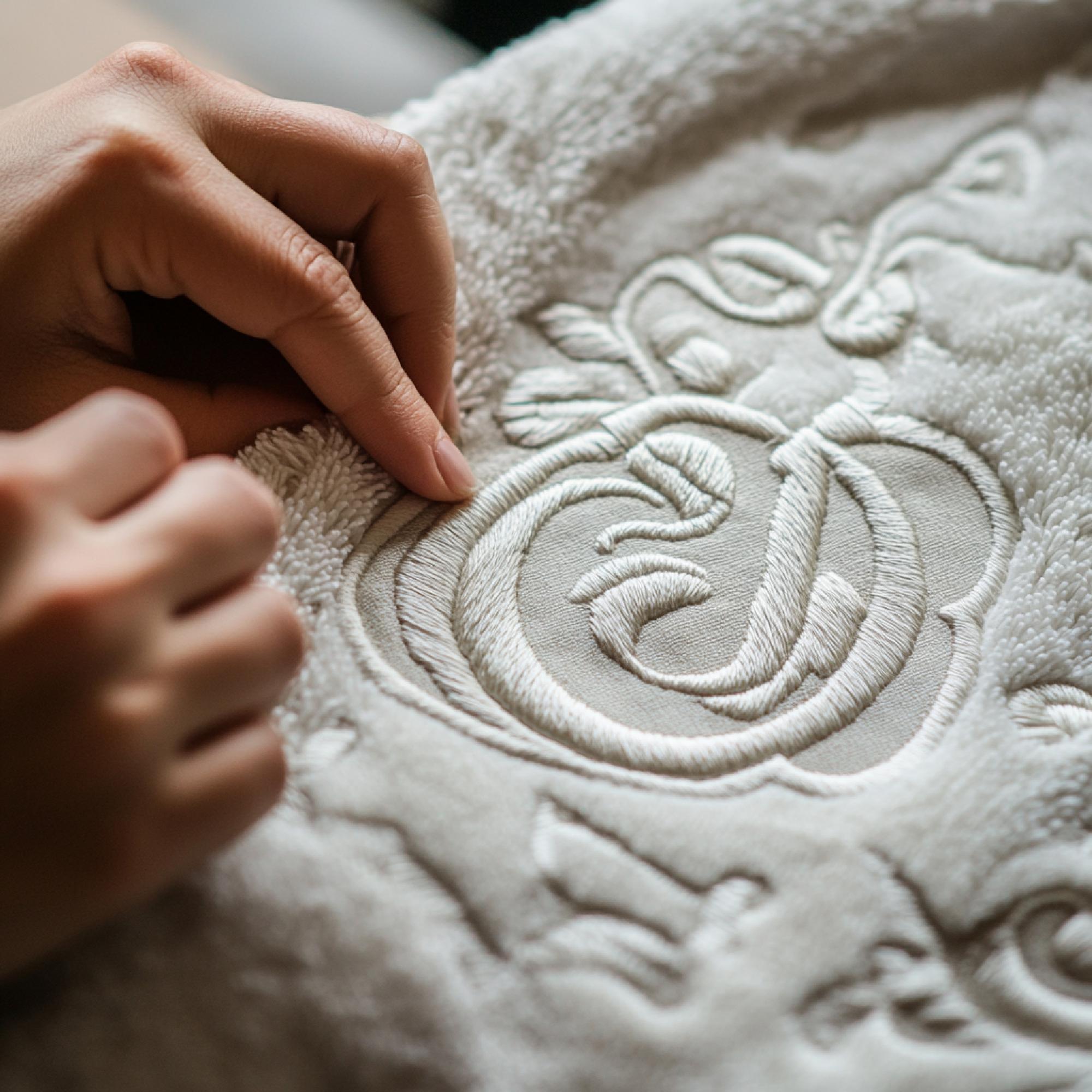 Haftowany monogram na jedwabiu